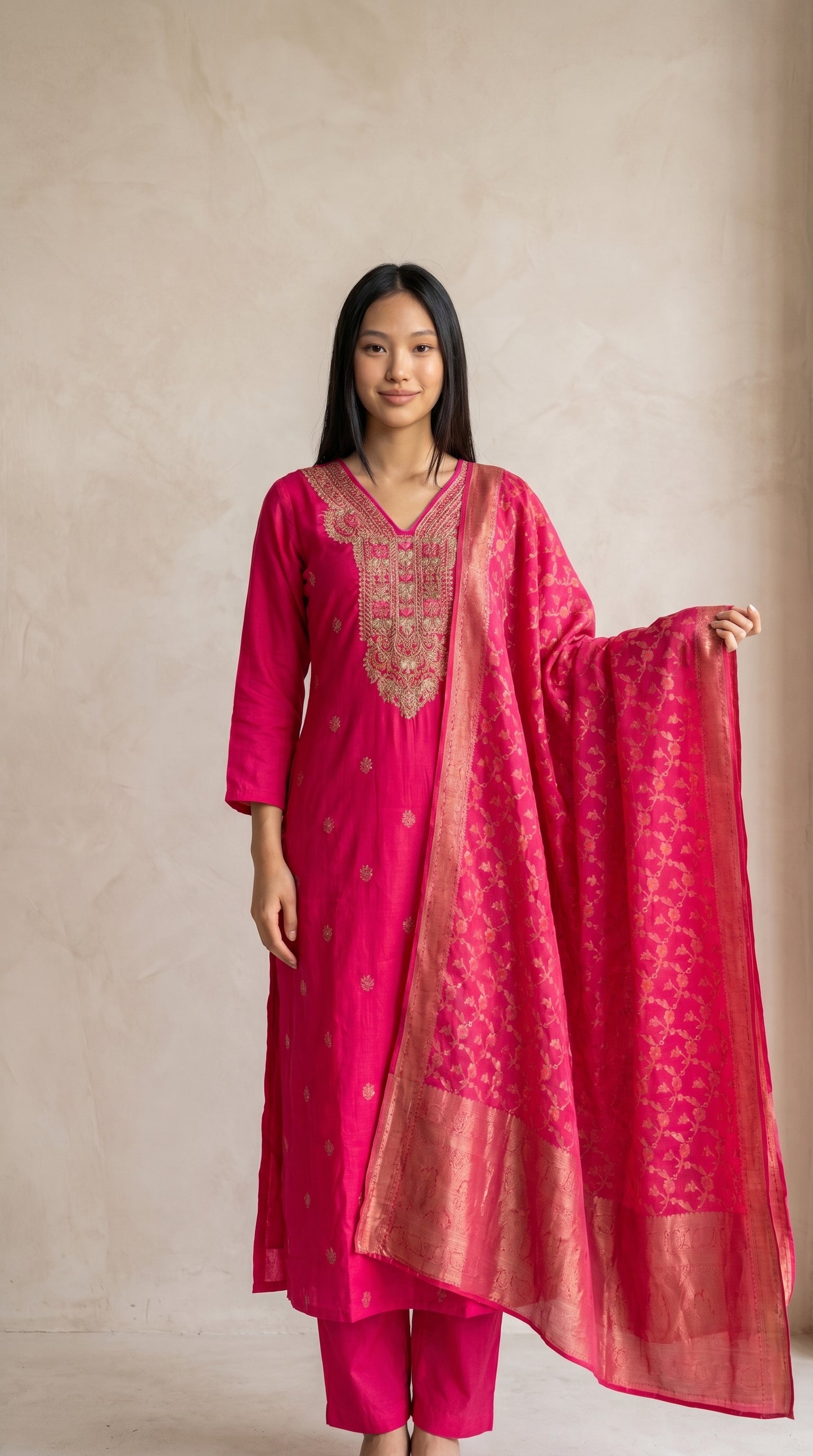 Fuchsia Pink Embroidered Kurti Set with Banarasi Dupatta