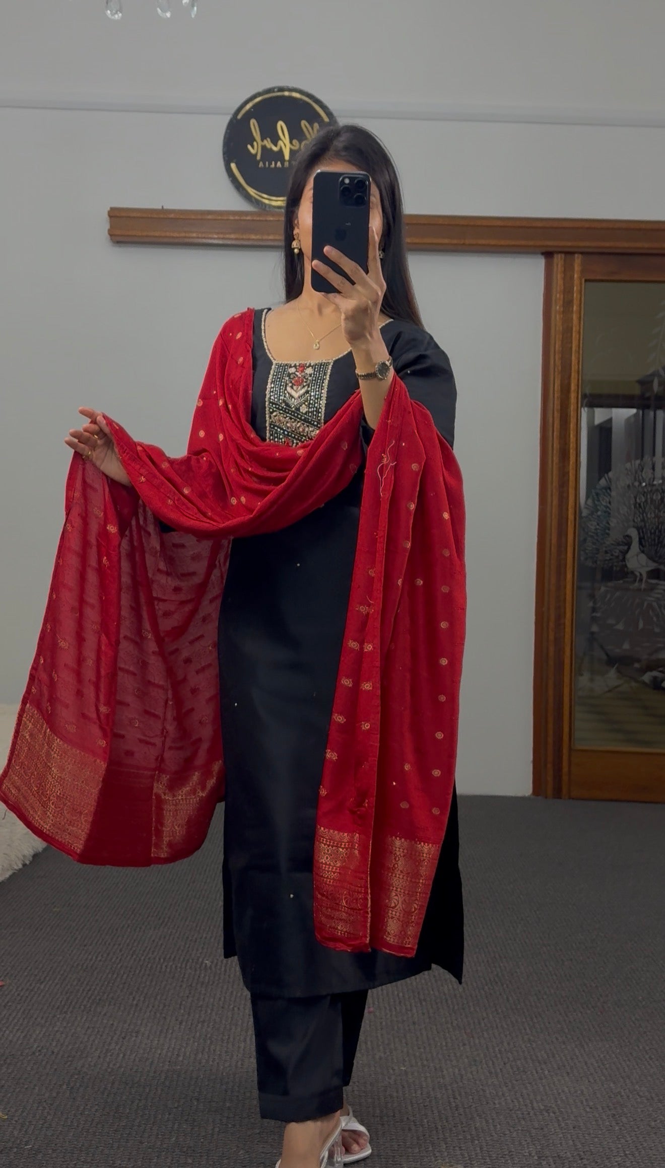 Imperial Black Silk Kurti with Banarasi Red Dupatta