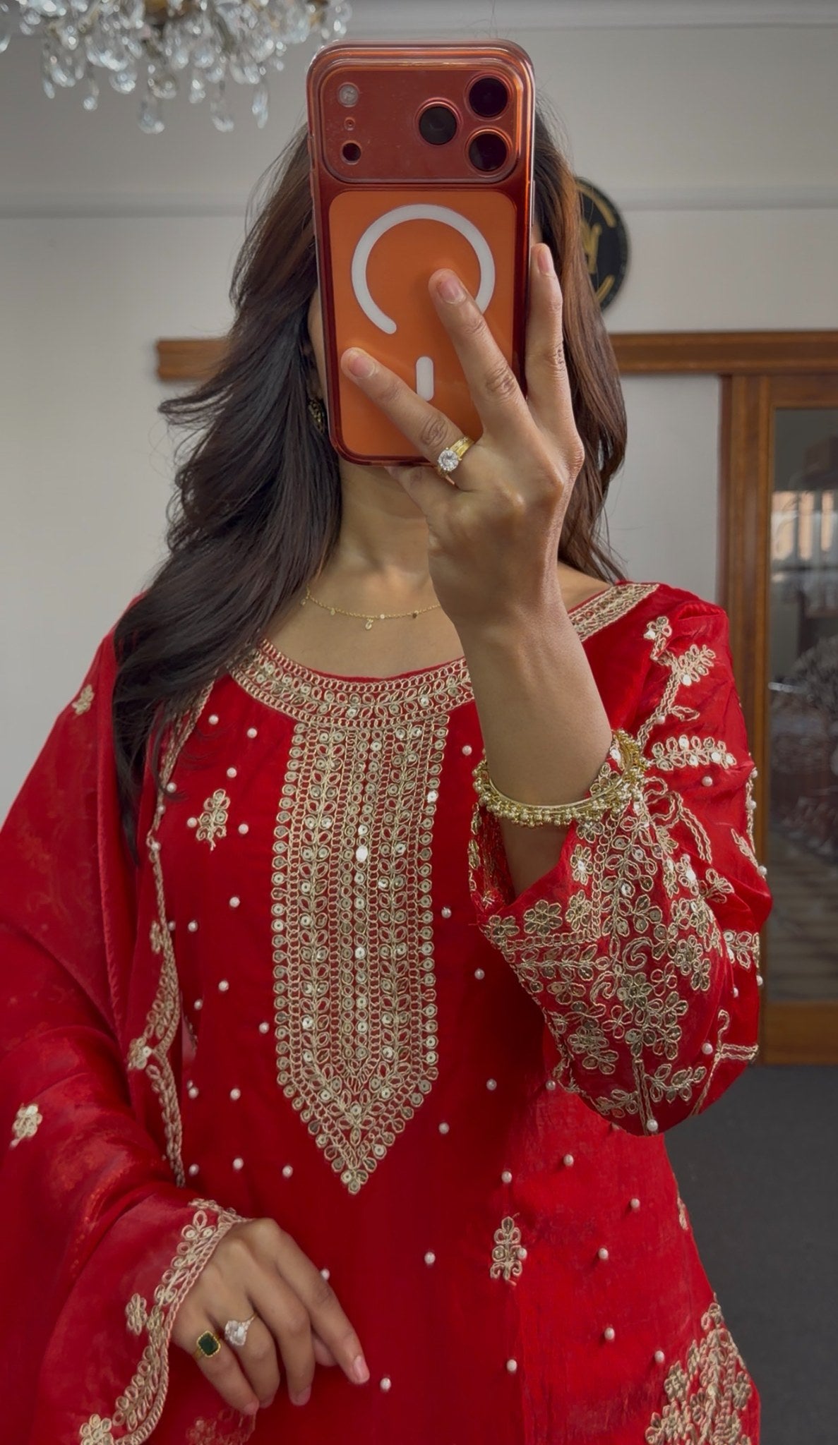 Crimson red georgette palazzo suit set with gold zari embroidery, kundan neckline and matching scalloped dupatta — Behuli — view 5