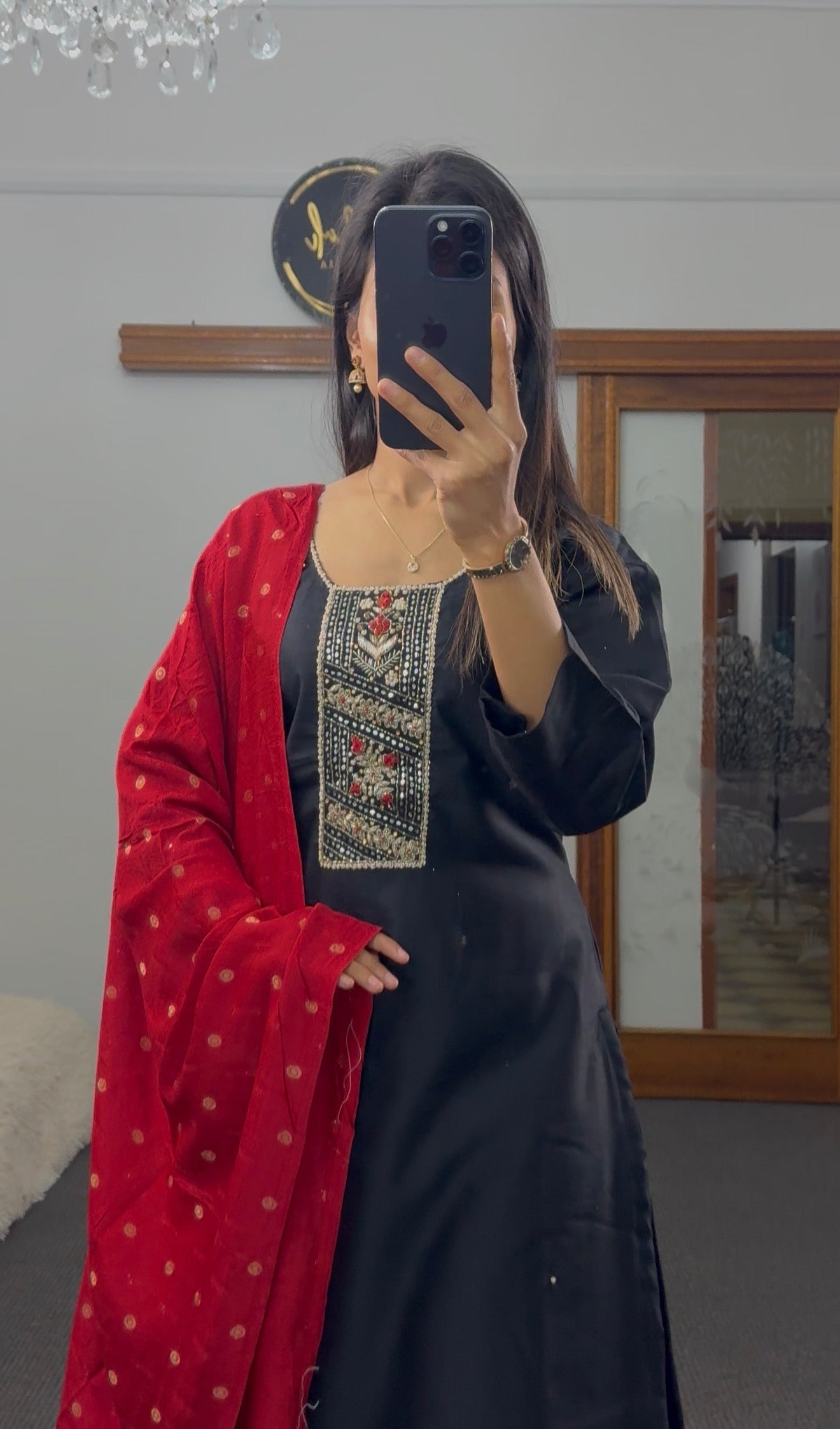 Imperial Black Silk Kurti with Banarasi Red Dupatta