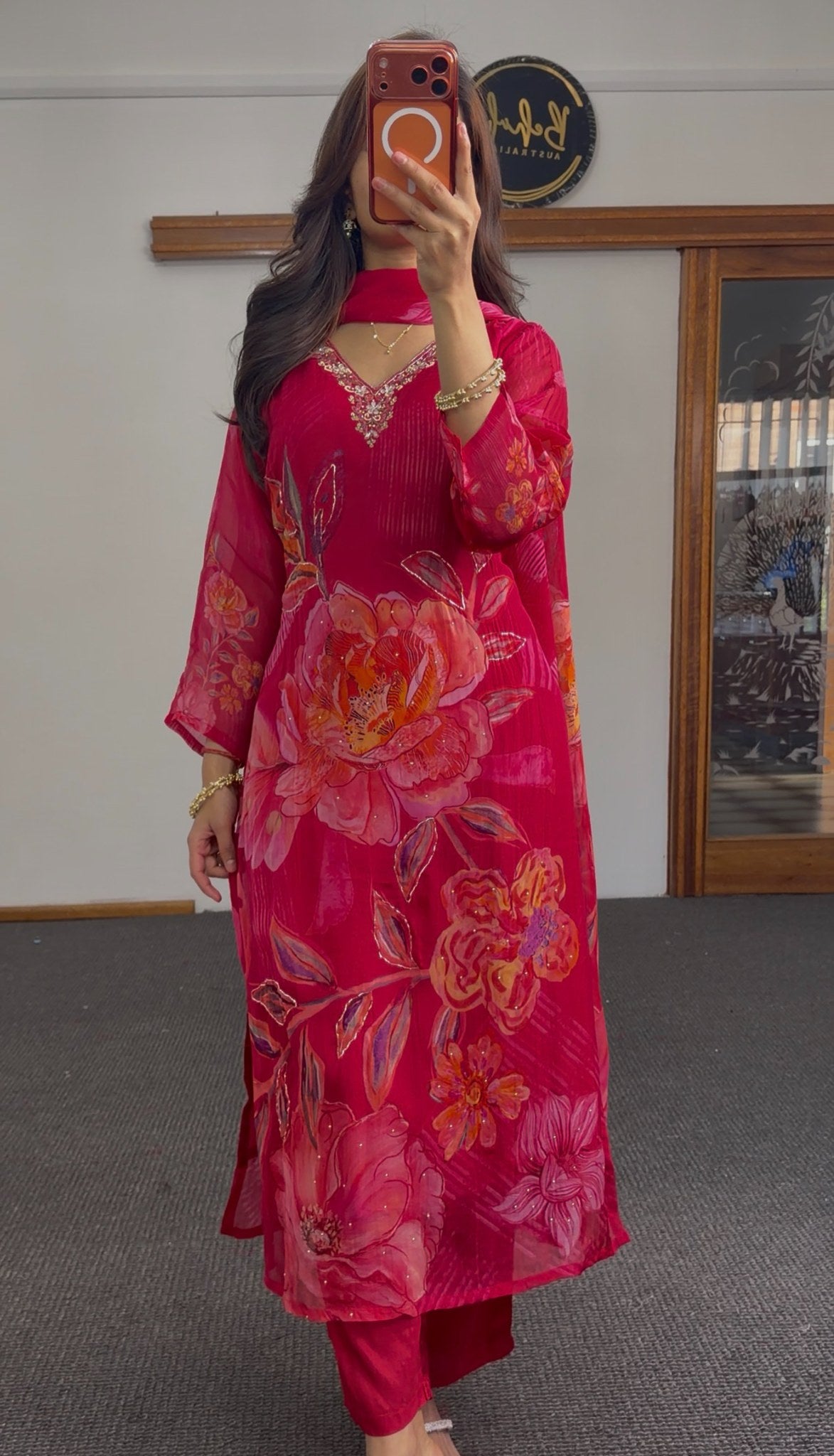 Crimson georgette kurti set with oversized floral print, zari embroidery V-neckline, pintuck bodice and sheer matching — view 3