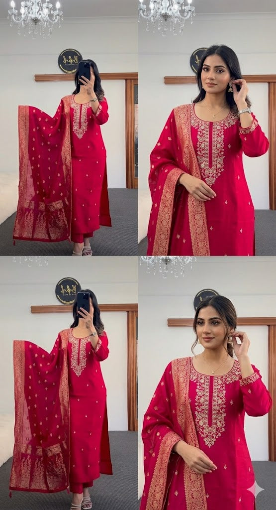 Handcrafted Crimson Dola Silk Kurta Set