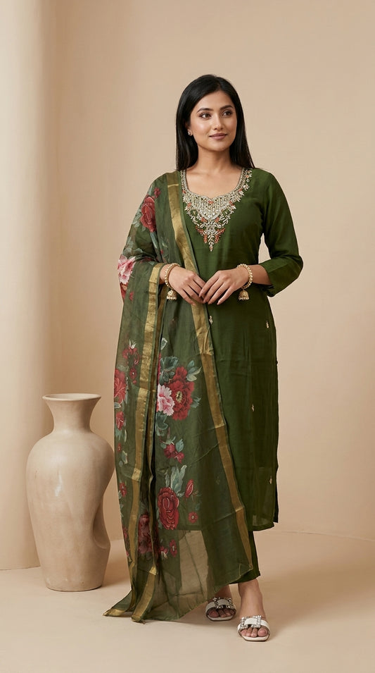 Olive green pure silk kurti set with kundan cutdana neckline embroidery and matching floral organza dupatta with gold zari