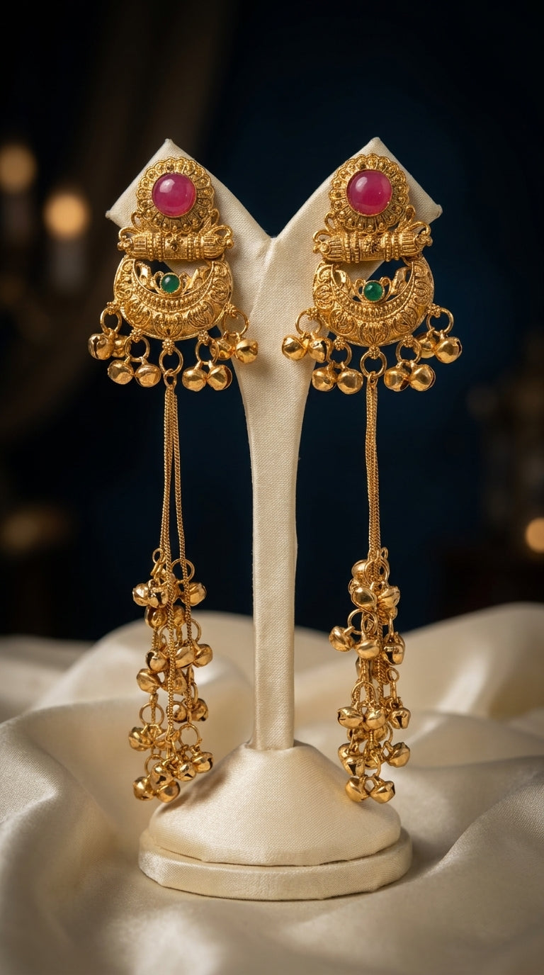 Gold-plated temple chandbali earrings with ruby cabochon, emerald stone, filigree scrollwork and cascading ghungroo bell — view 2