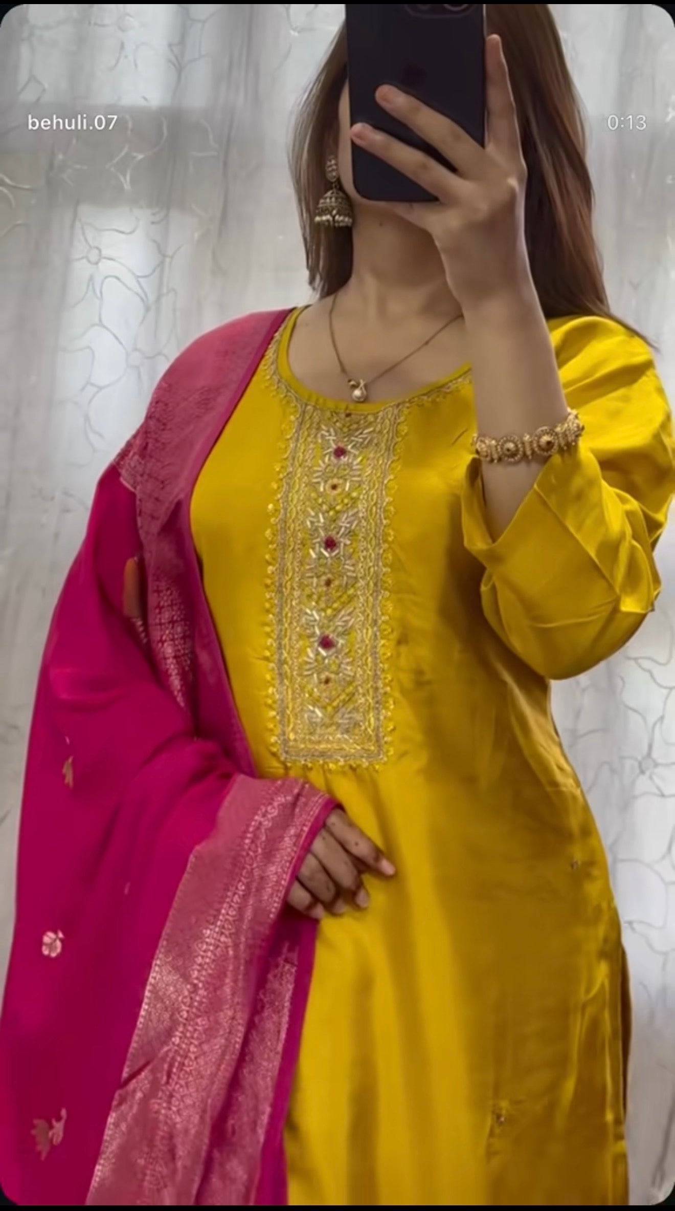 Yellow Dola silk Kurti with rani pink dupatta