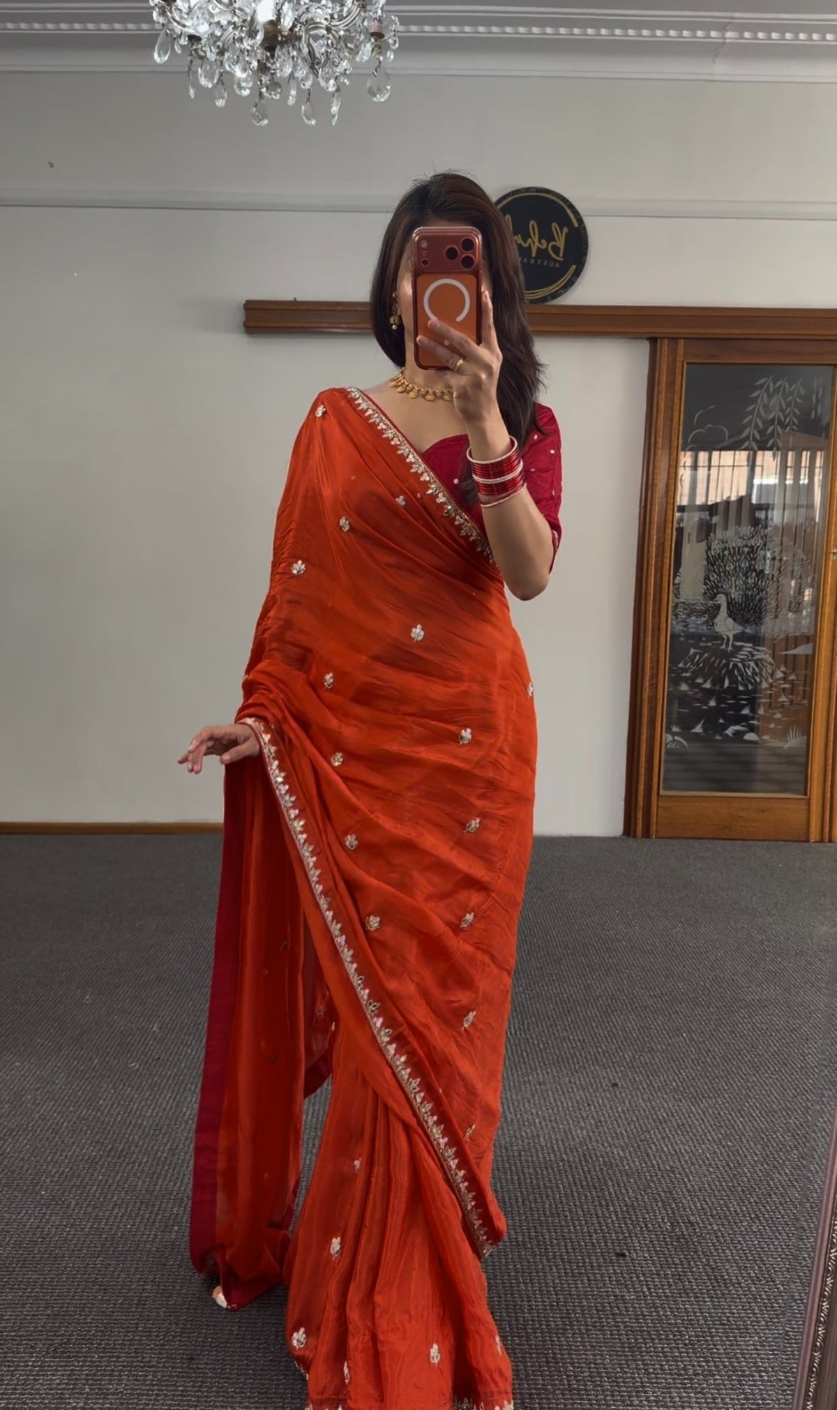 Vermillion pure silk saree with gold zari border, floral buti embroidery and matching deep crimson blouse — Behuli Australia — view 2