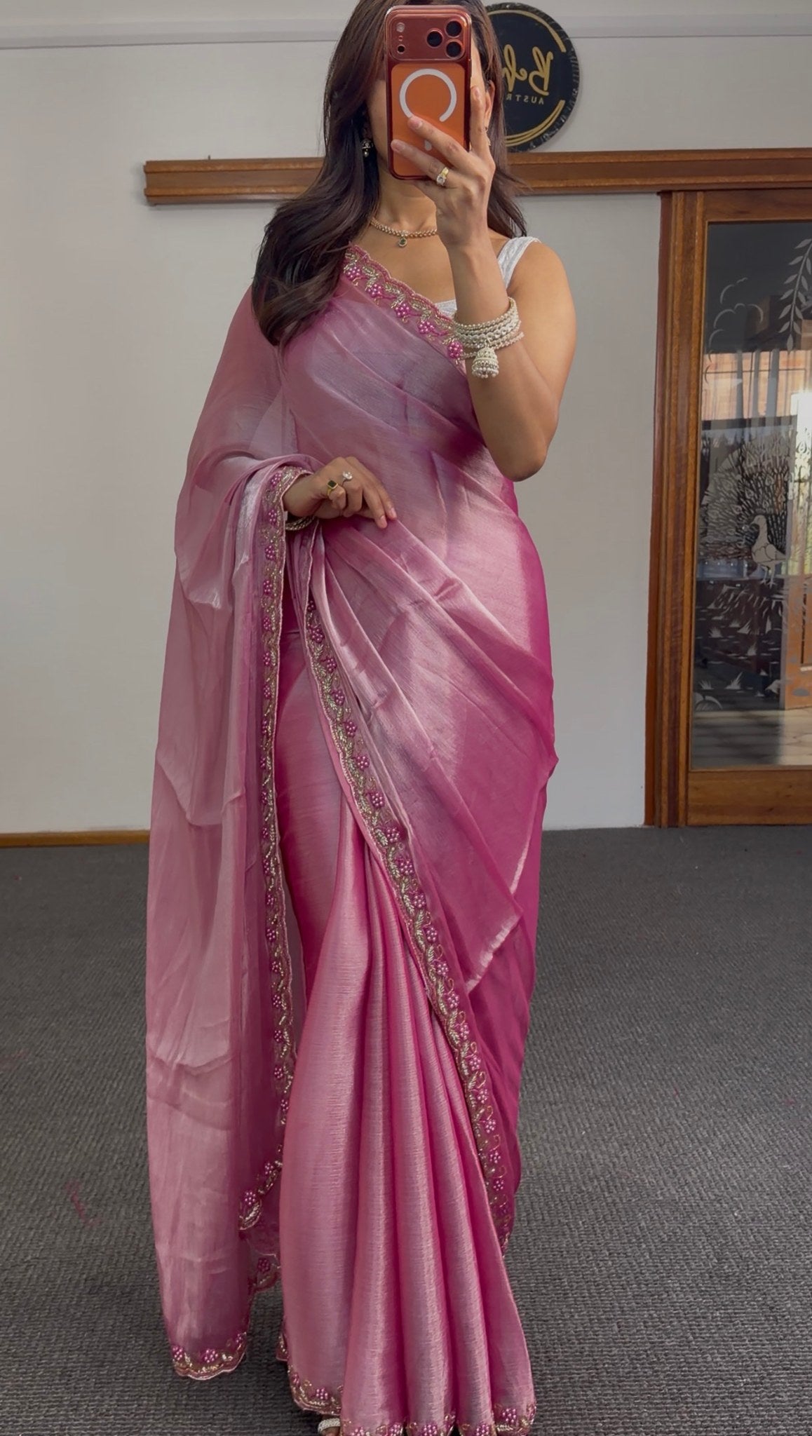 Lavender Jimmy Choo silk saree with silver zari floral embroidery border and pallu — Behuli Australia — Rose Pink