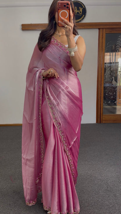 Lavender Jimmy Choo silk saree with silver zari floral embroidery border and pallu — Behuli Australia — Rose Pink