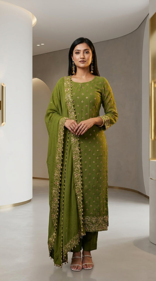 Olive green georgette kurti set with gold zari border, resham floral buti embroidery, beadwork and matching dupatta — Behuli