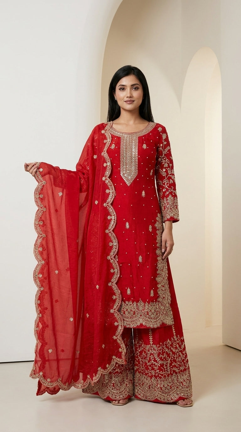 Crimson red georgette palazzo suit set with gold zari embroidery, kundan neckline and matching scalloped dupatta — Behuli
