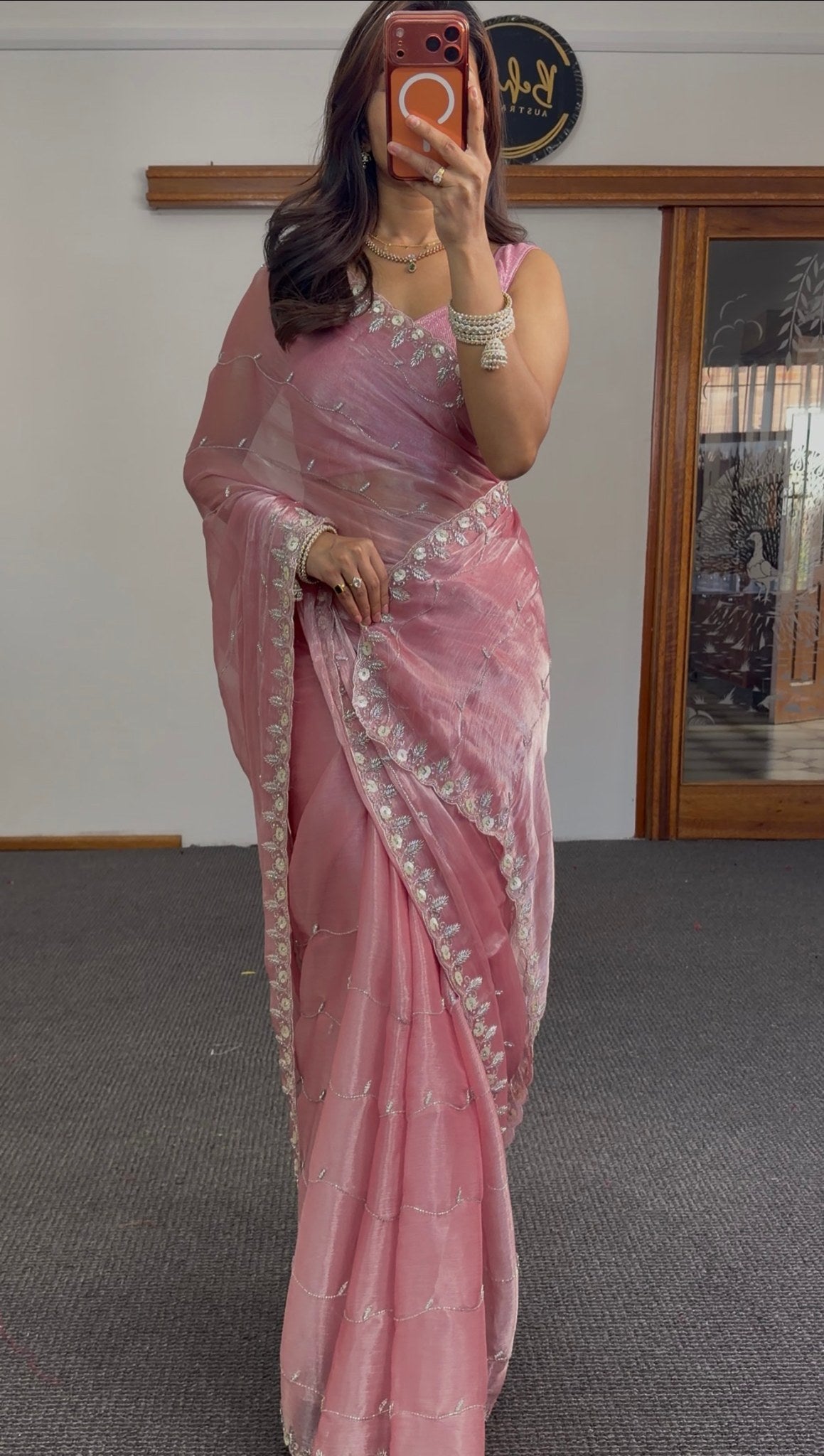 Lavender Jimmy Choo silk saree with silver zari floral embroidery border and pallu — Behuli Australia — Dusty Rose Pink