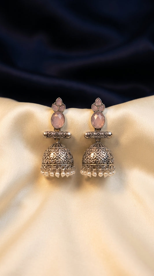 Oxidised silver jhumka earrings with aqua cabochon stones, filigree dome and ivory pearl drops on gold silk — Behuli — Blush Pink