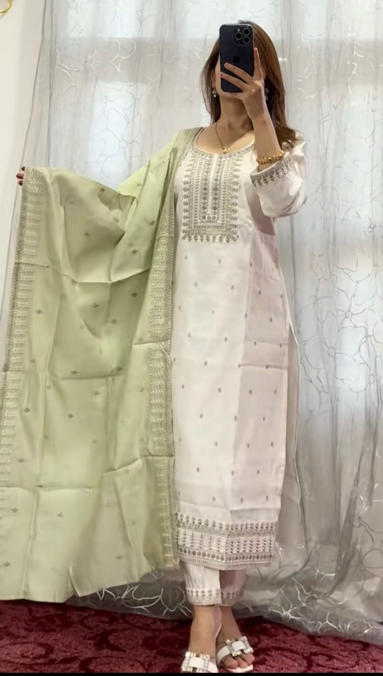 White Kurti set with mint green dupatta