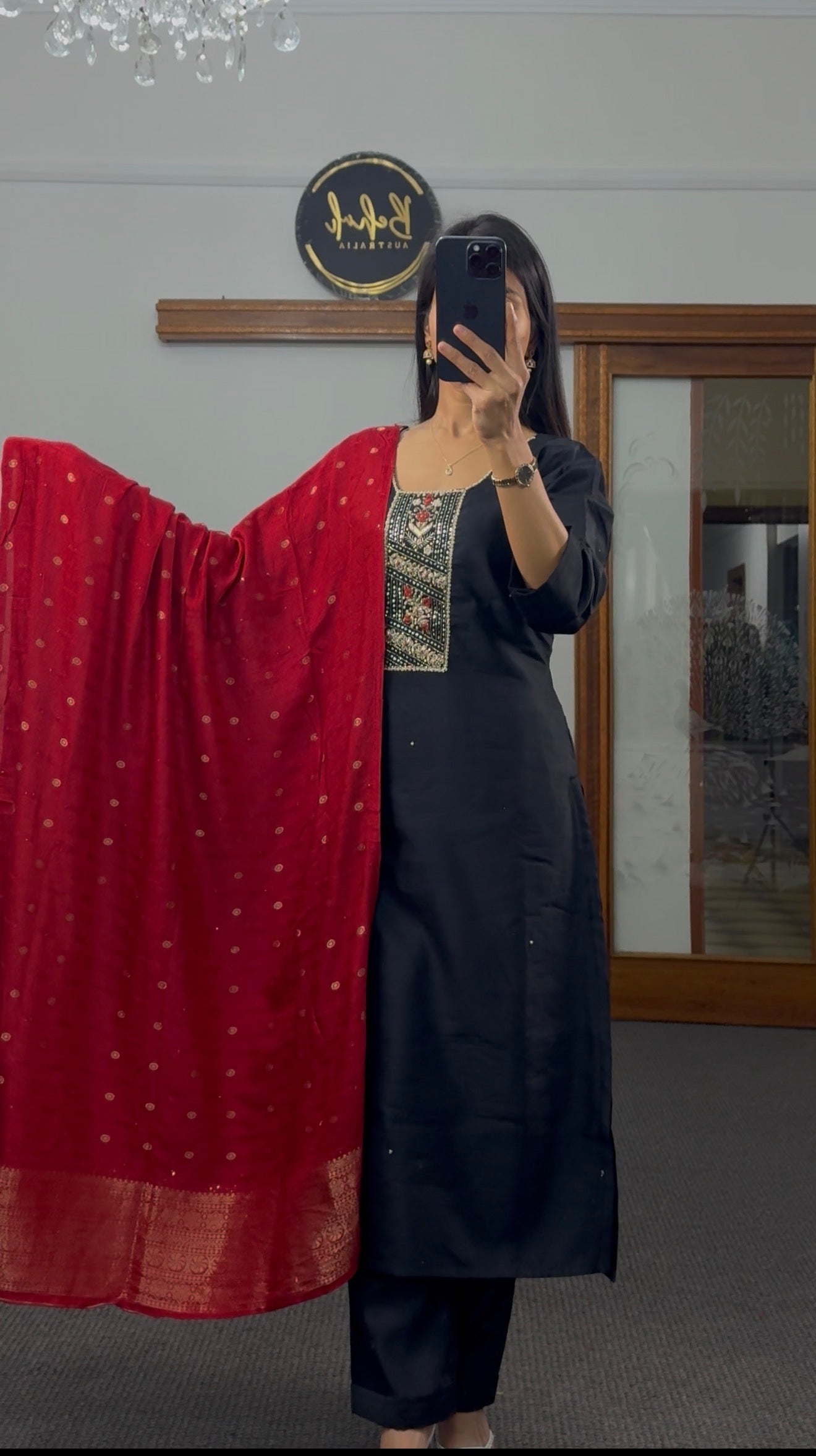 Imperial Black Silk Kurti with Banarasi Red Dupatta