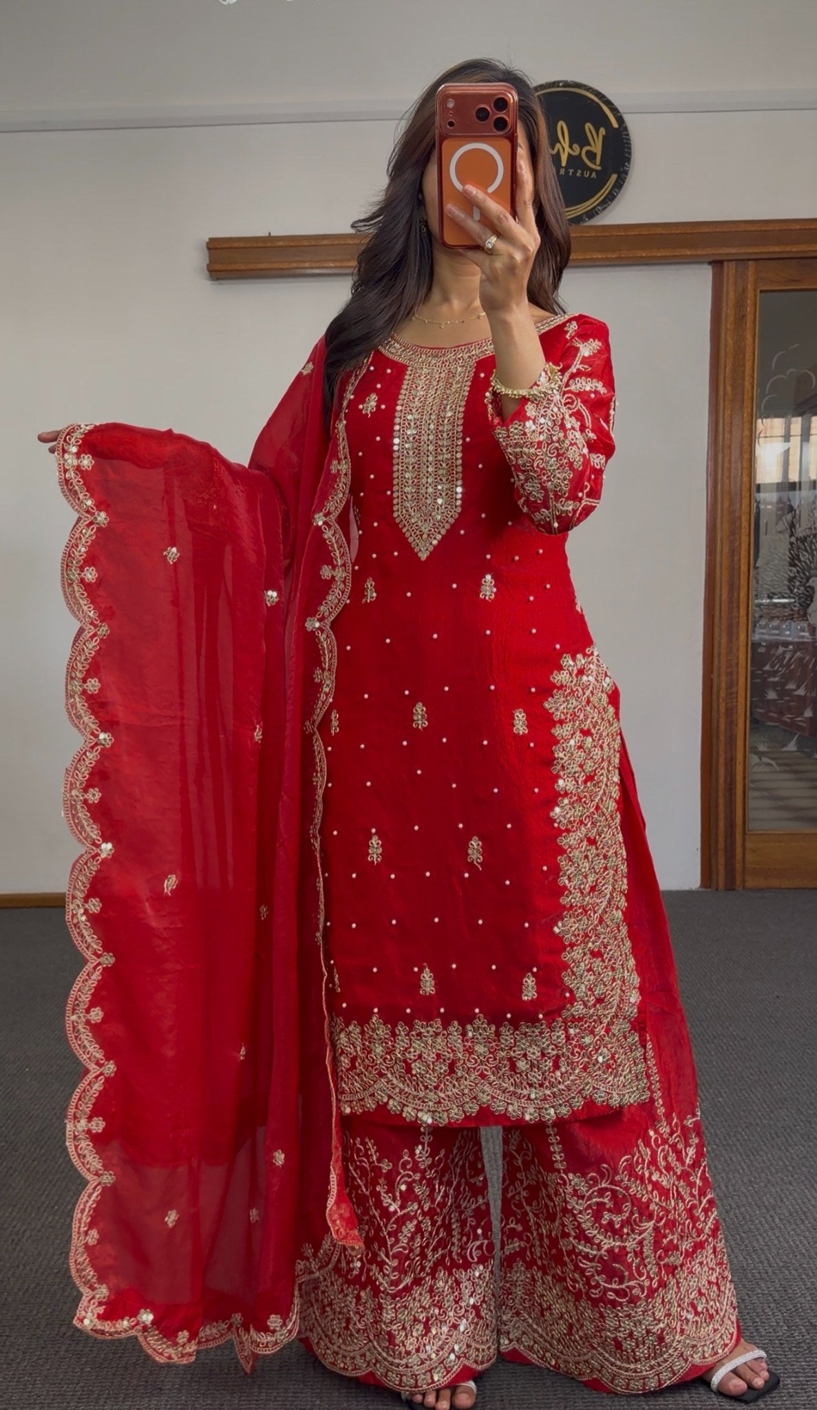 Crimson red georgette palazzo suit set with gold zari embroidery, kundan neckline and matching scalloped dupatta — Behuli — view 3