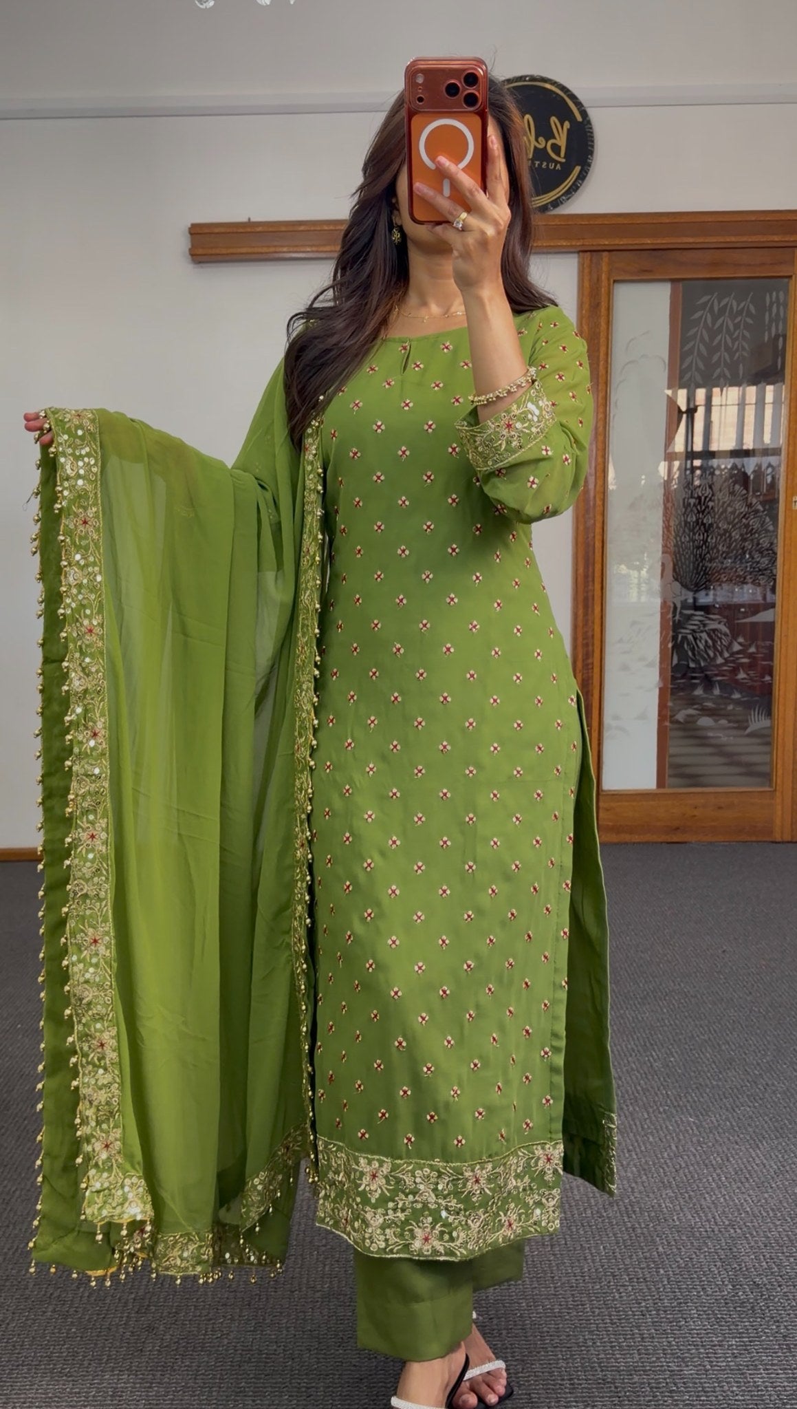 Olive green georgette kurti set with gold zari border, resham floral buti embroidery, beadwork and matching dupatta — Behuli — view 2
