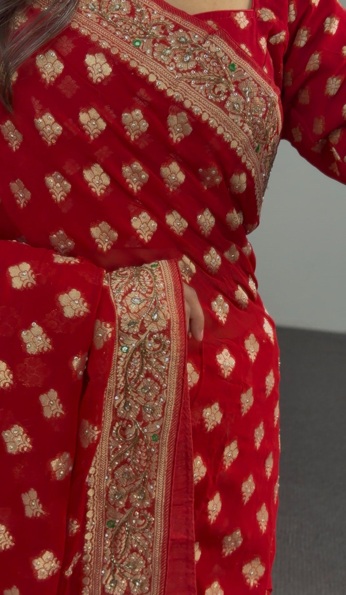 Deep crimson red Khaddi georgette saree with all-over gold zari booti work and ornate embroidered border — Behuli Australia — view 6