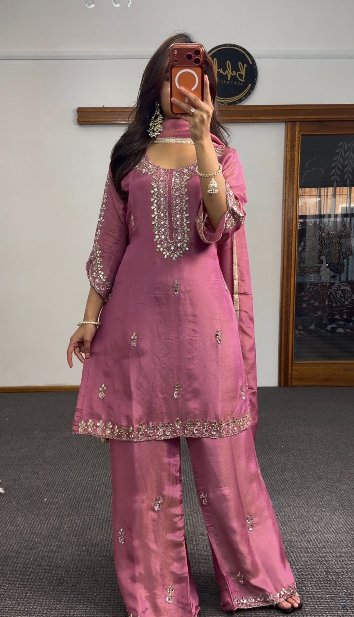 Dusty rose raw silk palazzo suit set with Kundan hand embroidery, Zari border and matching dupatta — Behuli Australia