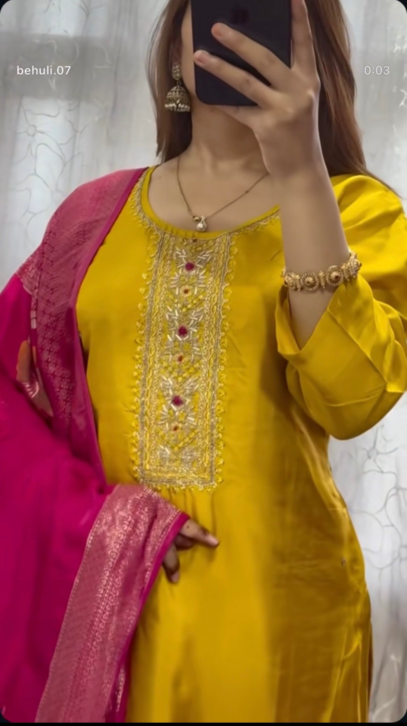 Yellow Dola silk Kurti with rani pink dupatta