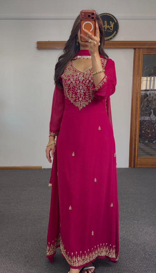 Fuchsia georgette floor-length anarkali set with gold zari embroidery, sheer full sleeves and matching dupatta — Behuli — view 2