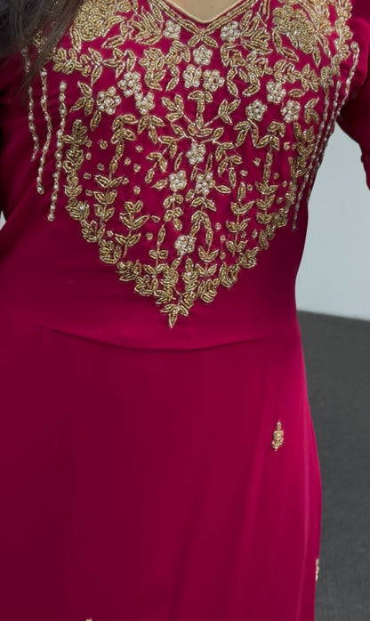 Fuchsia georgette floor-length anarkali set with gold zari embroidery, sheer full sleeves and matching dupatta — Behuli — view 6
