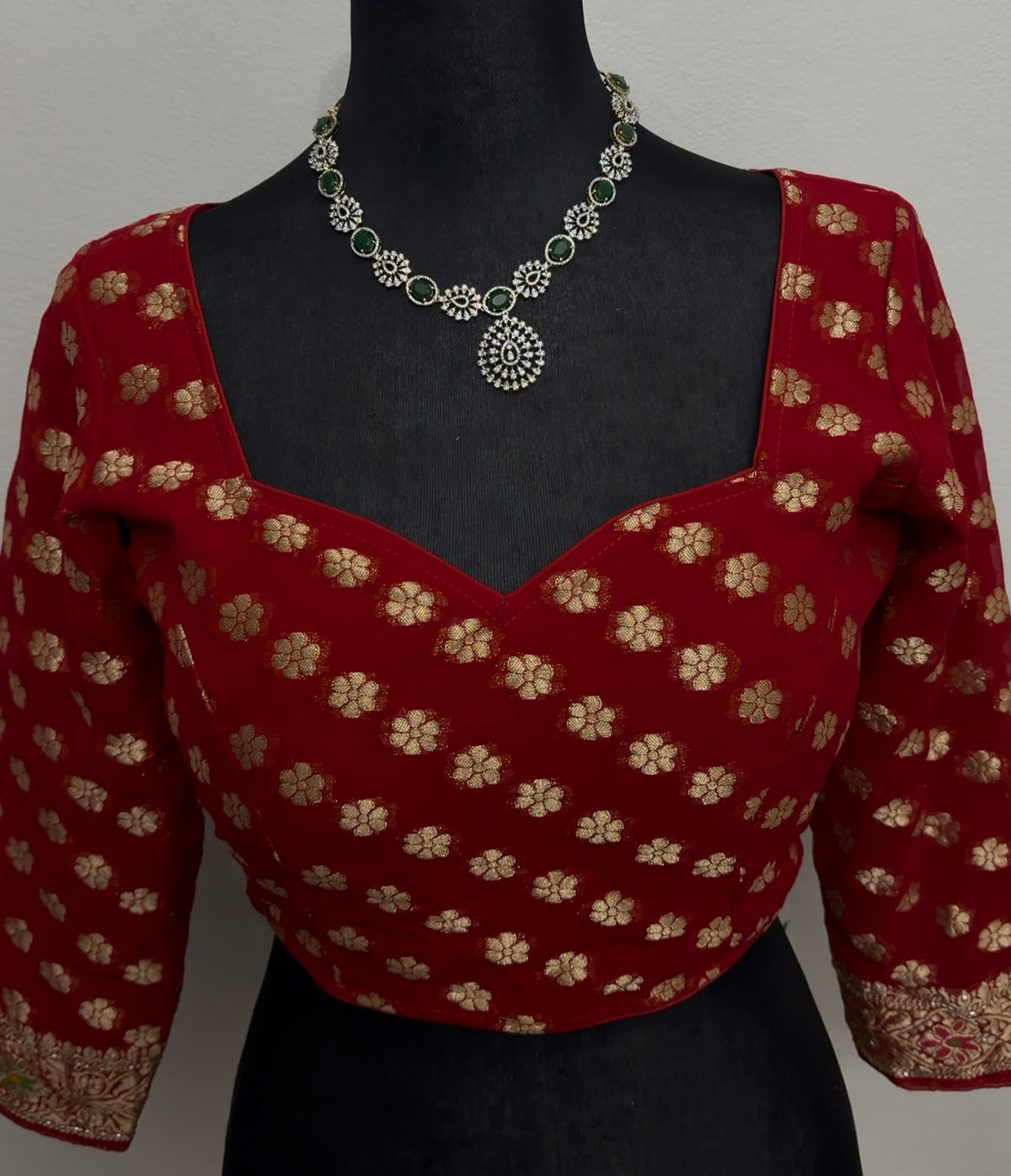 Deep red Khaddi Georgette saree with all-over gold zari and multicolour resham floral embroidery and embroidered blouse — — view 6