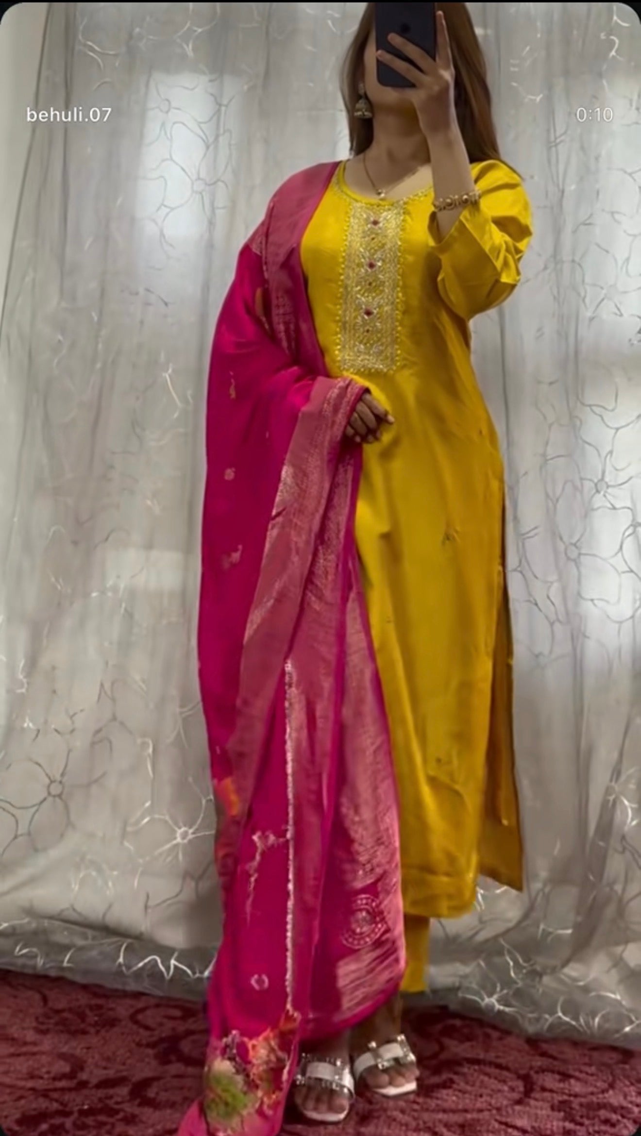 Yellow Dola silk Kurti with rani pink dupatta