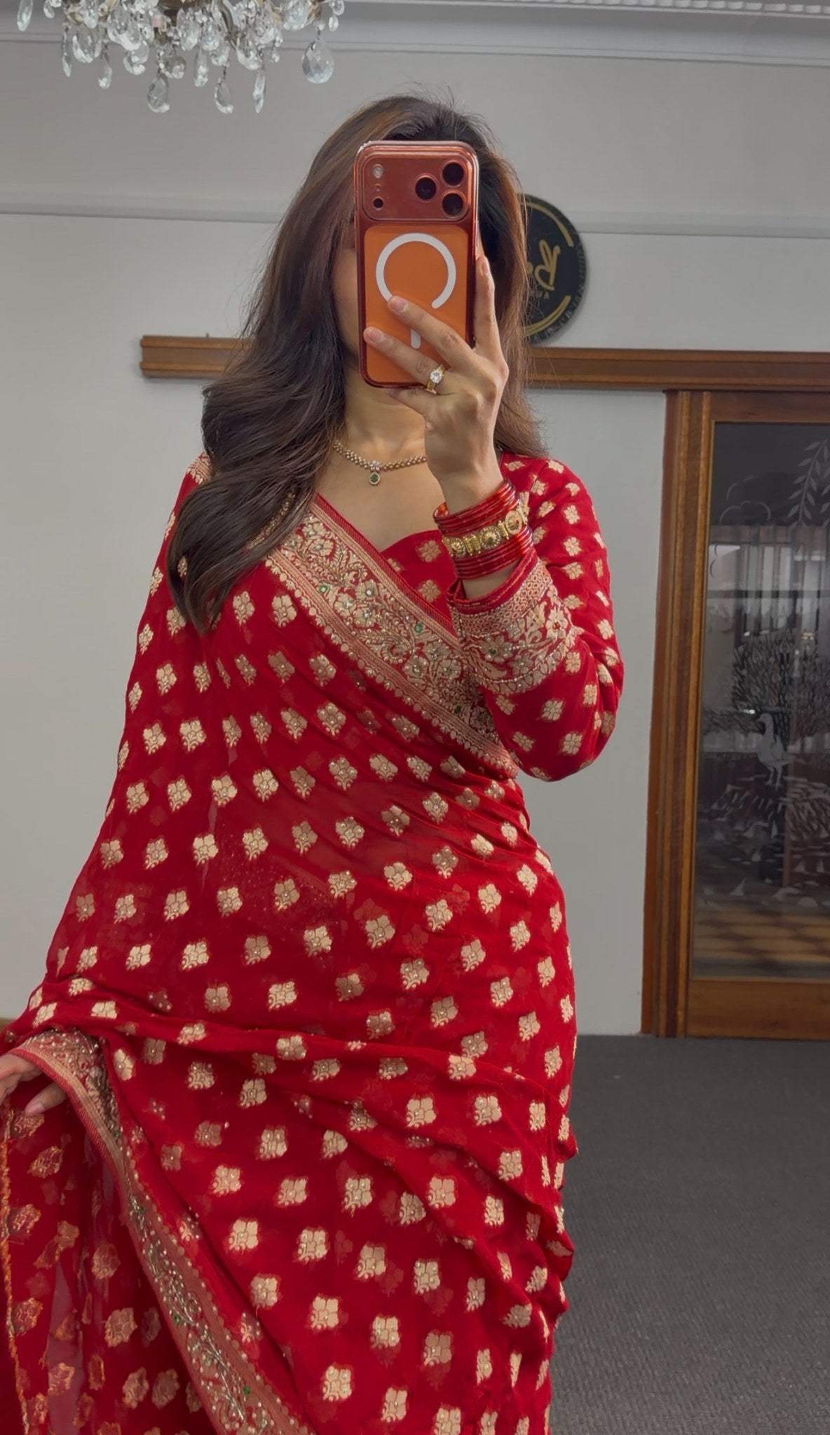Deep crimson red Khaddi georgette saree with all-over gold zari booti work and ornate embroidered border — Behuli Australia — view 4