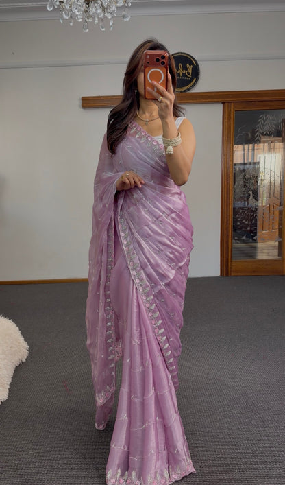 Lavender Jimmy Choo silk saree with silver zari floral embroidery border and pallu — Behuli Australia