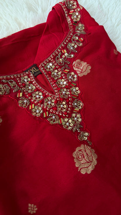 Red Dola silk ensemble — Behuli Australia — additional view