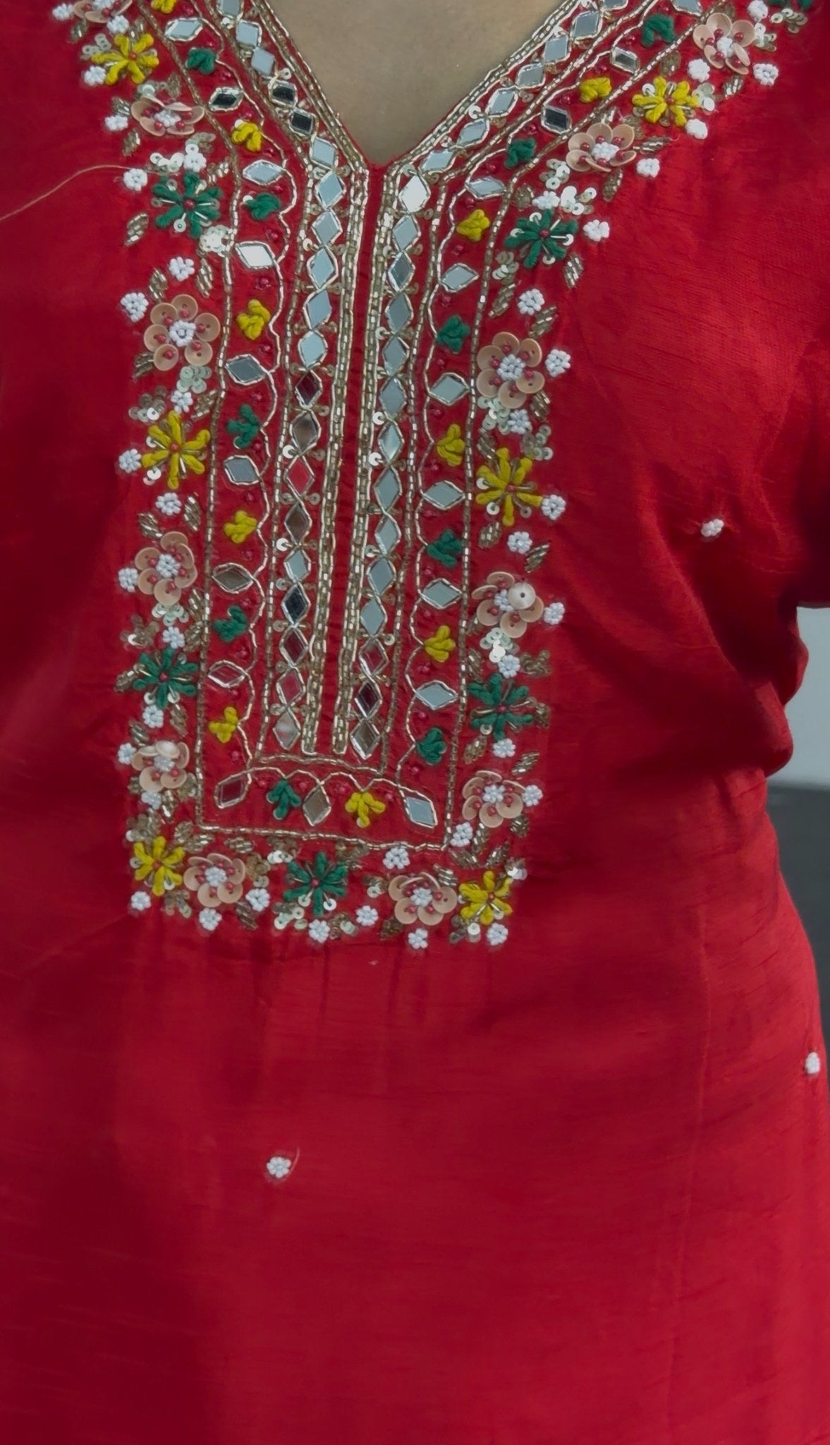 Red raw silk kurti set with mirror work and kundan neckline embroidery, floral Banarasi dupatta — Behuli Australia — view 4