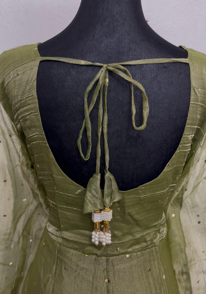 Olive Green Salsa Fabric Anarkali Set with Pearl Dupatta