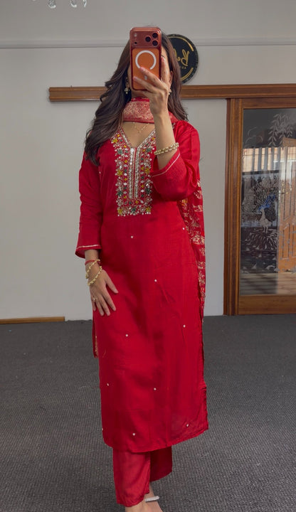 Red raw silk kurti set with mirror work and kundan neckline embroidery, floral Banarasi dupatta — Behuli Australia — view 3