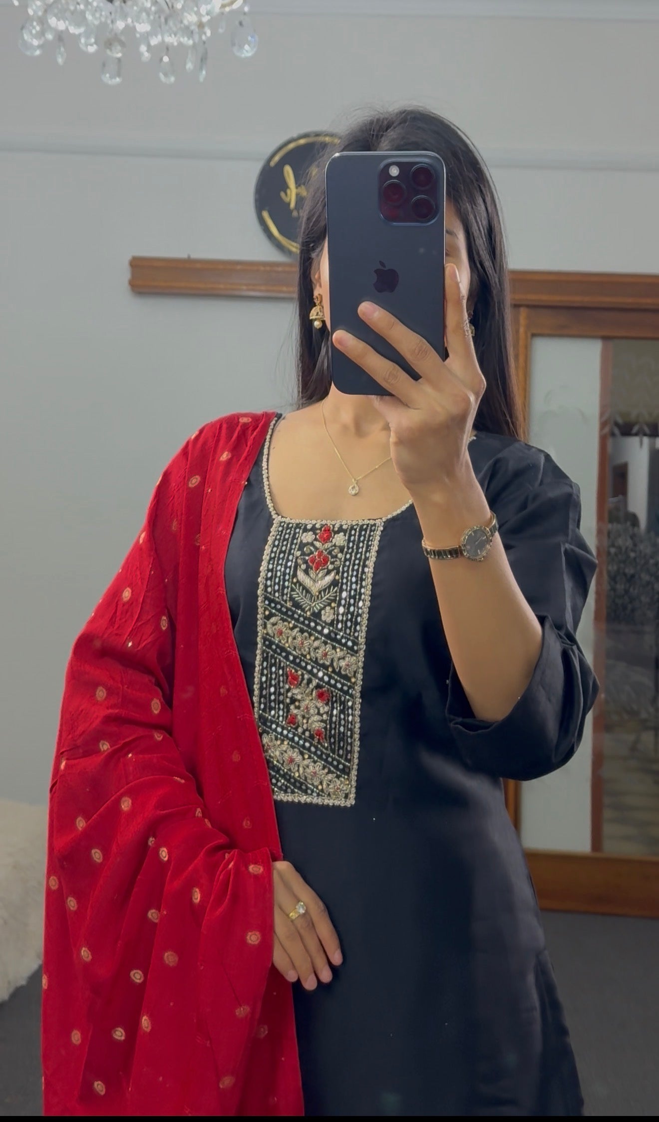 Imperial Black Silk Kurti with Banarasi Red Dupatta