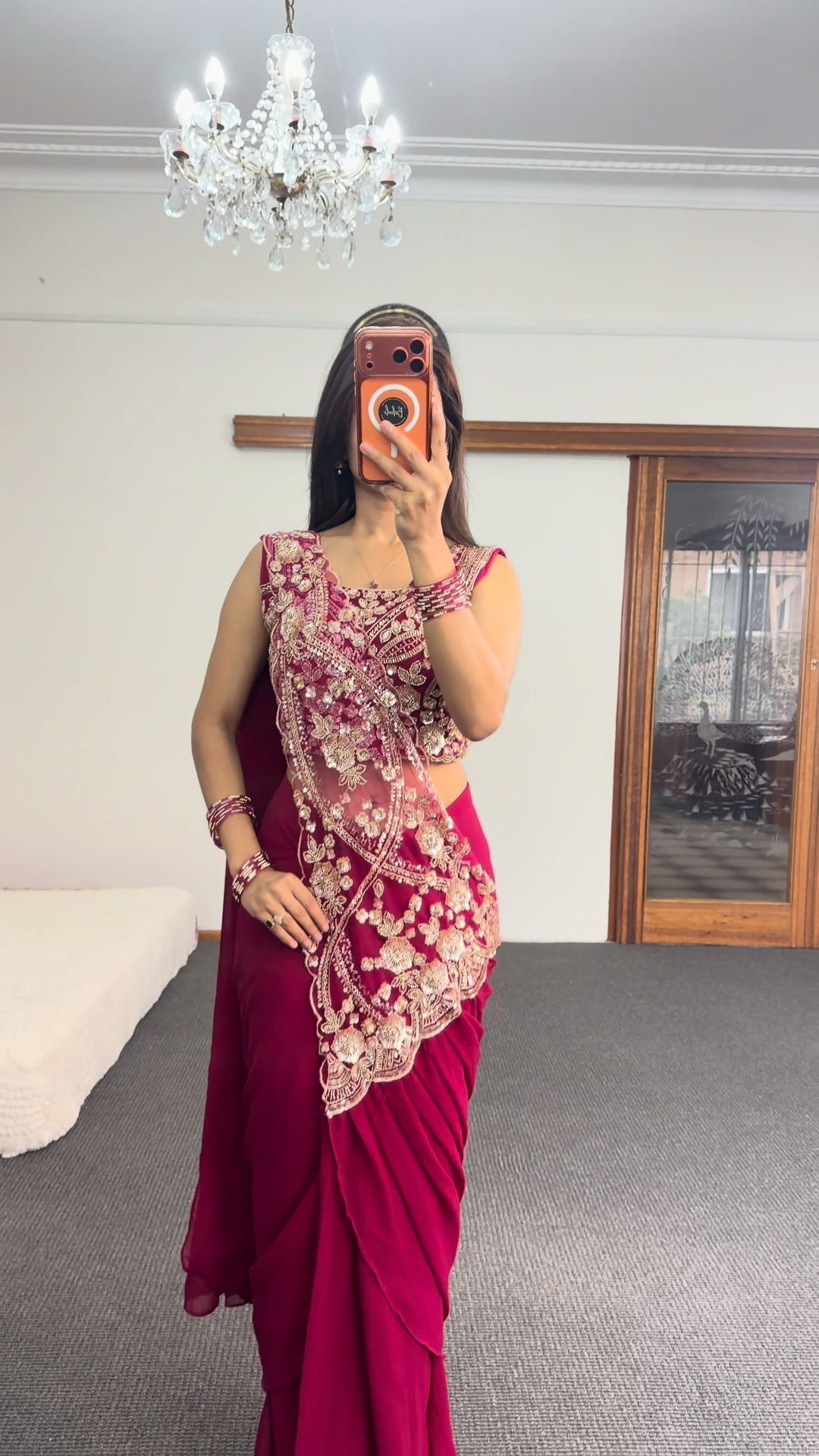 Maroon Embroidered Saree with Gold Zari Detailing
