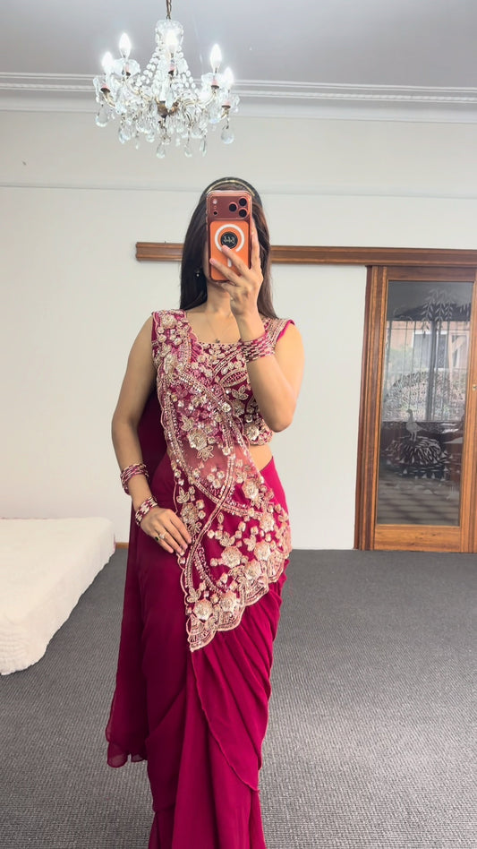 Maroon Embroidered Saree with Gold Zari Detailing