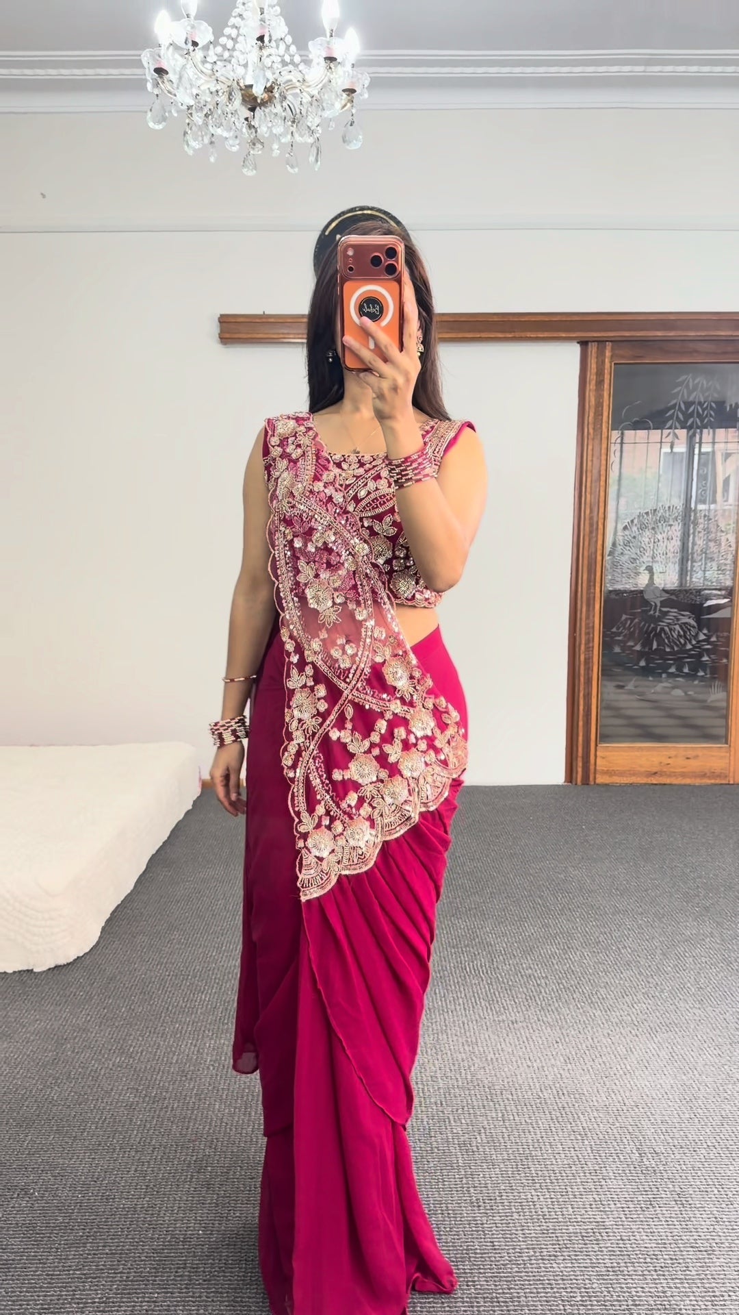 Maroon Embroidered Saree with Gold Zari Detailing