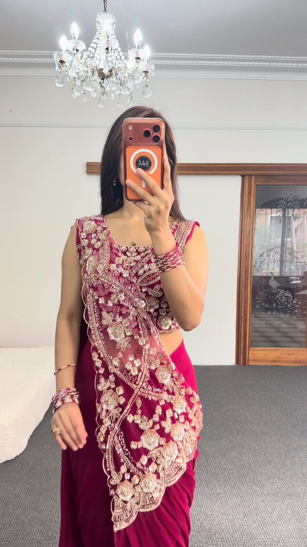 Maroon Embroidered Saree with Gold Zari Detailing