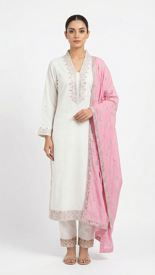 Ivory raw silk kurti set with pink zari and sequin embroidery, front view