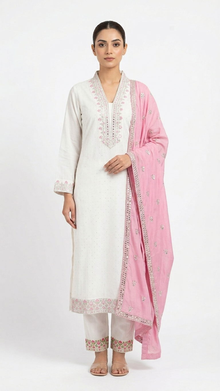 Ivory raw silk kurti set with pink zari and sequin embroidery, front view