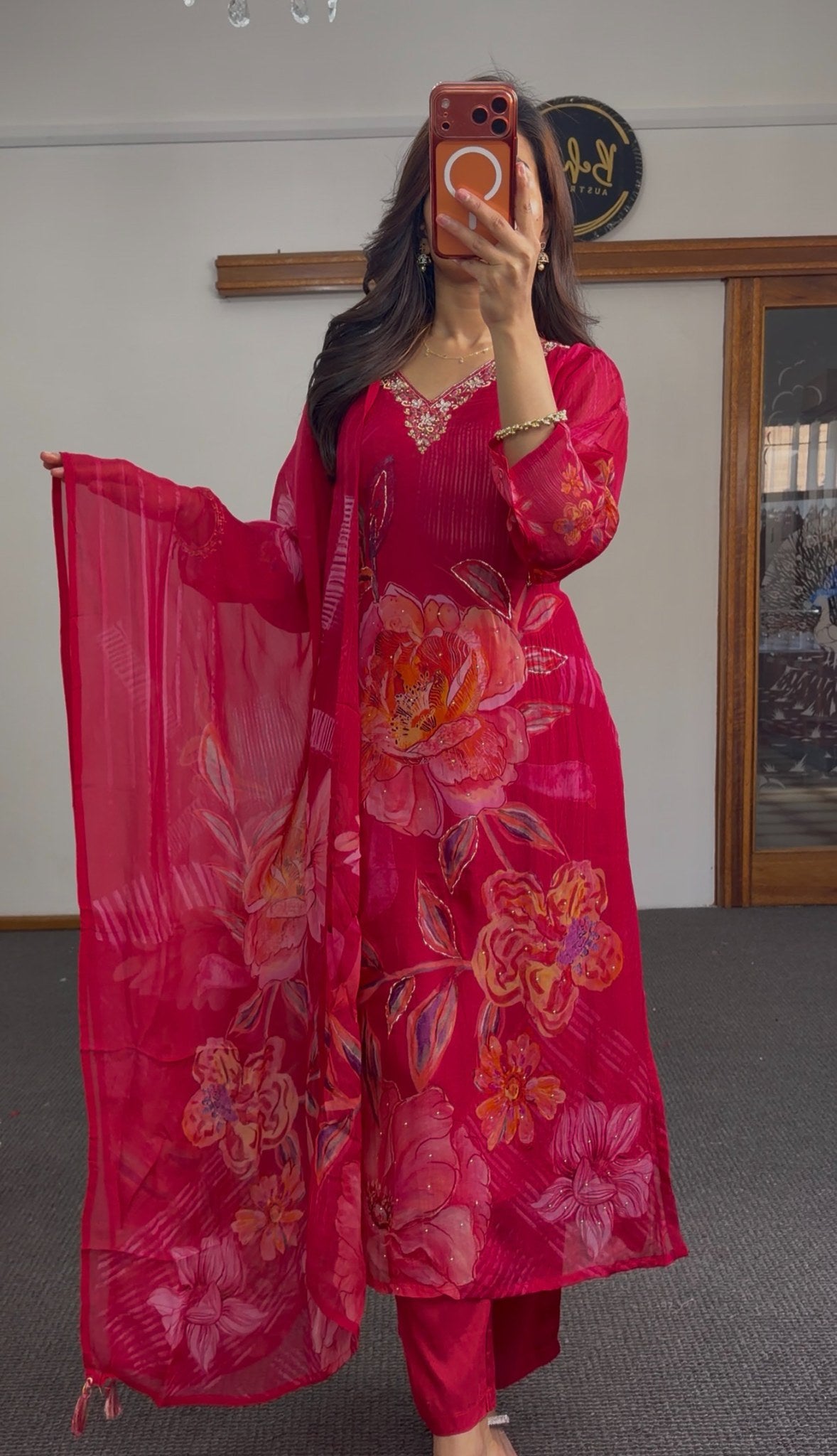Crimson georgette kurti set with oversized floral print, zari embroidery V-neckline, pintuck bodice and sheer matching — view 2