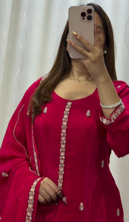 Fuchsia georgette kurti set with gold zari floral embroidery, matching dupatta and straight pants — Behuli Australia — view 4