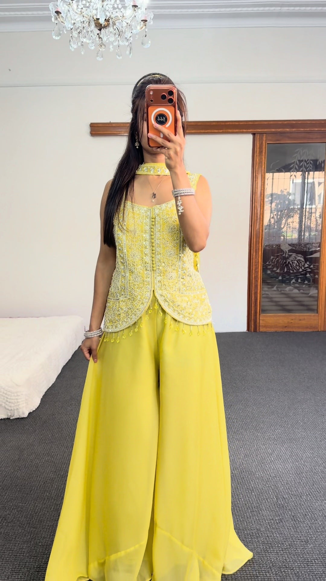 Lemon Yellow Embroidered Lehenga Choli Set with Palazzo Skirt
