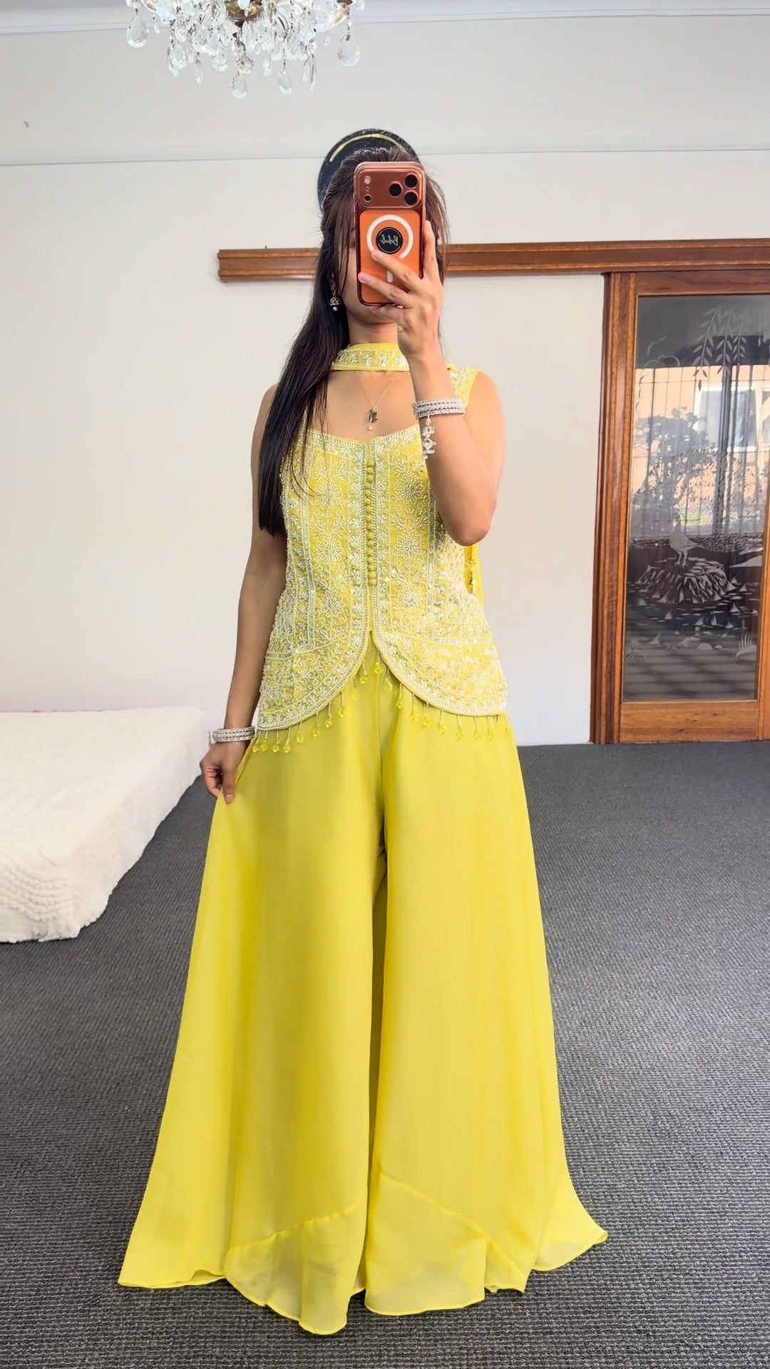 Lemon Yellow Embroidered Lehenga Choli Set with Palazzo Skirt