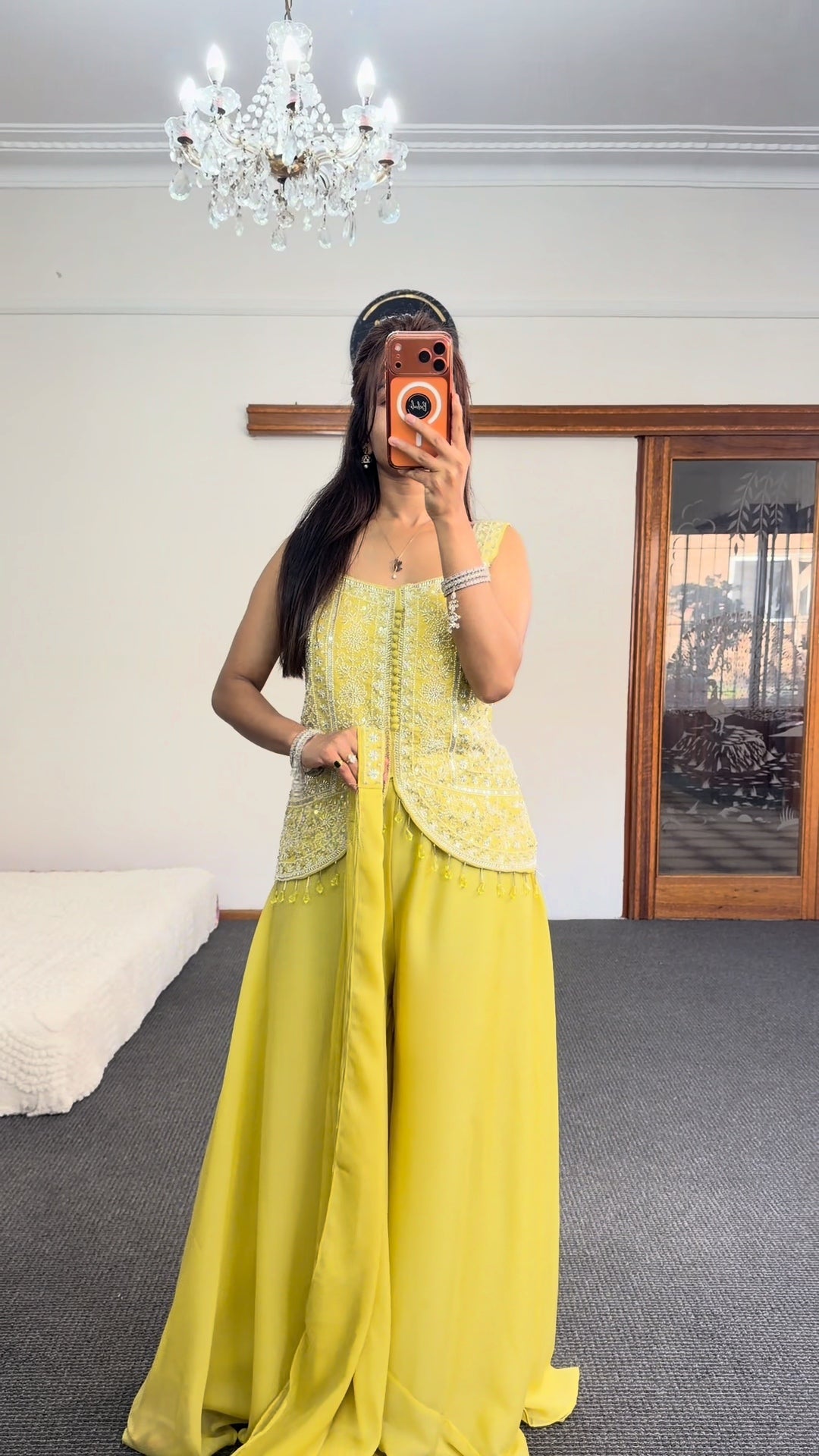 Lemon Yellow Embroidered Lehenga Choli Set with Palazzo Skirt