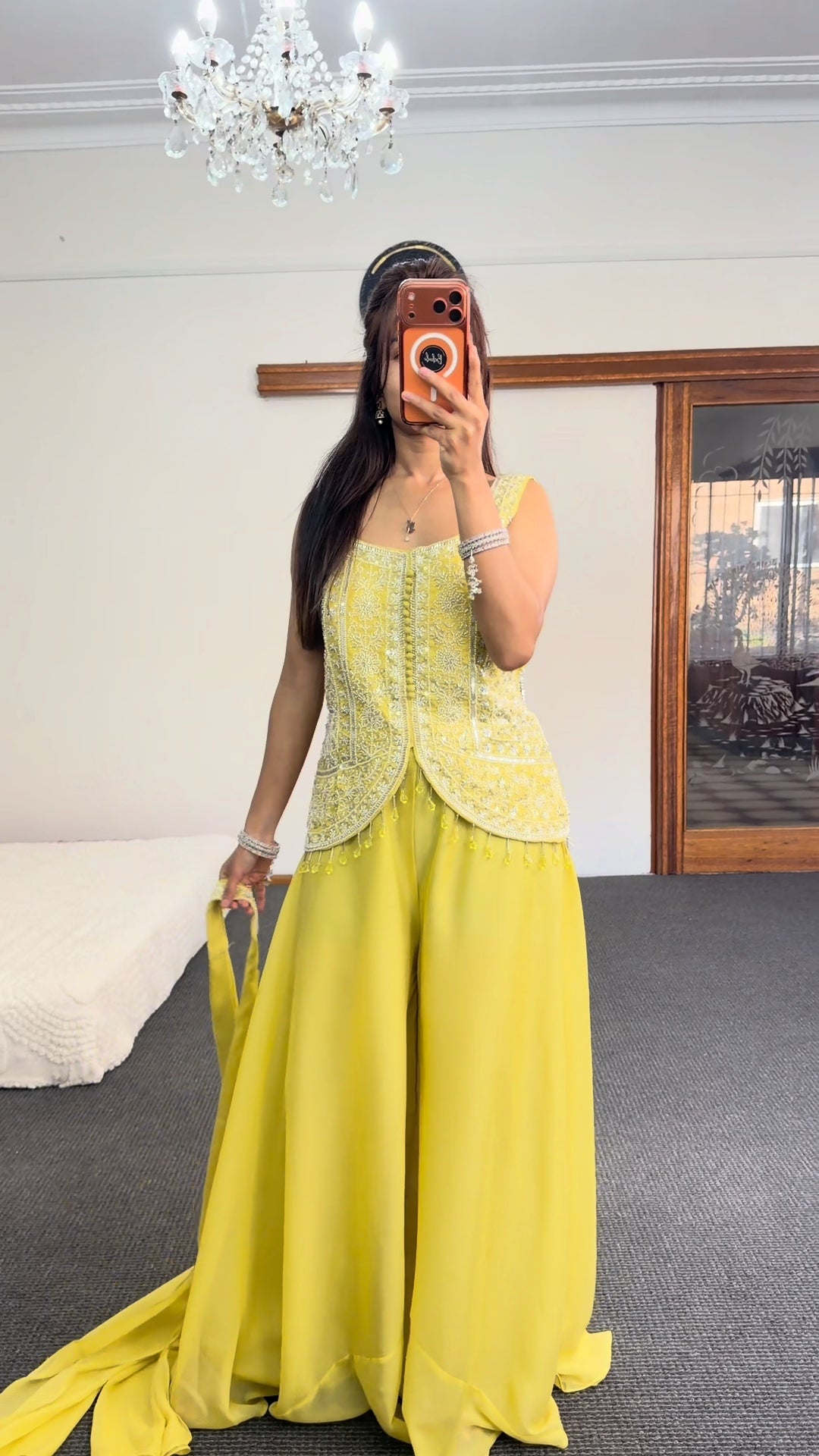 Lemon Yellow Embroidered Lehenga Choli Set with Palazzo Skirt
