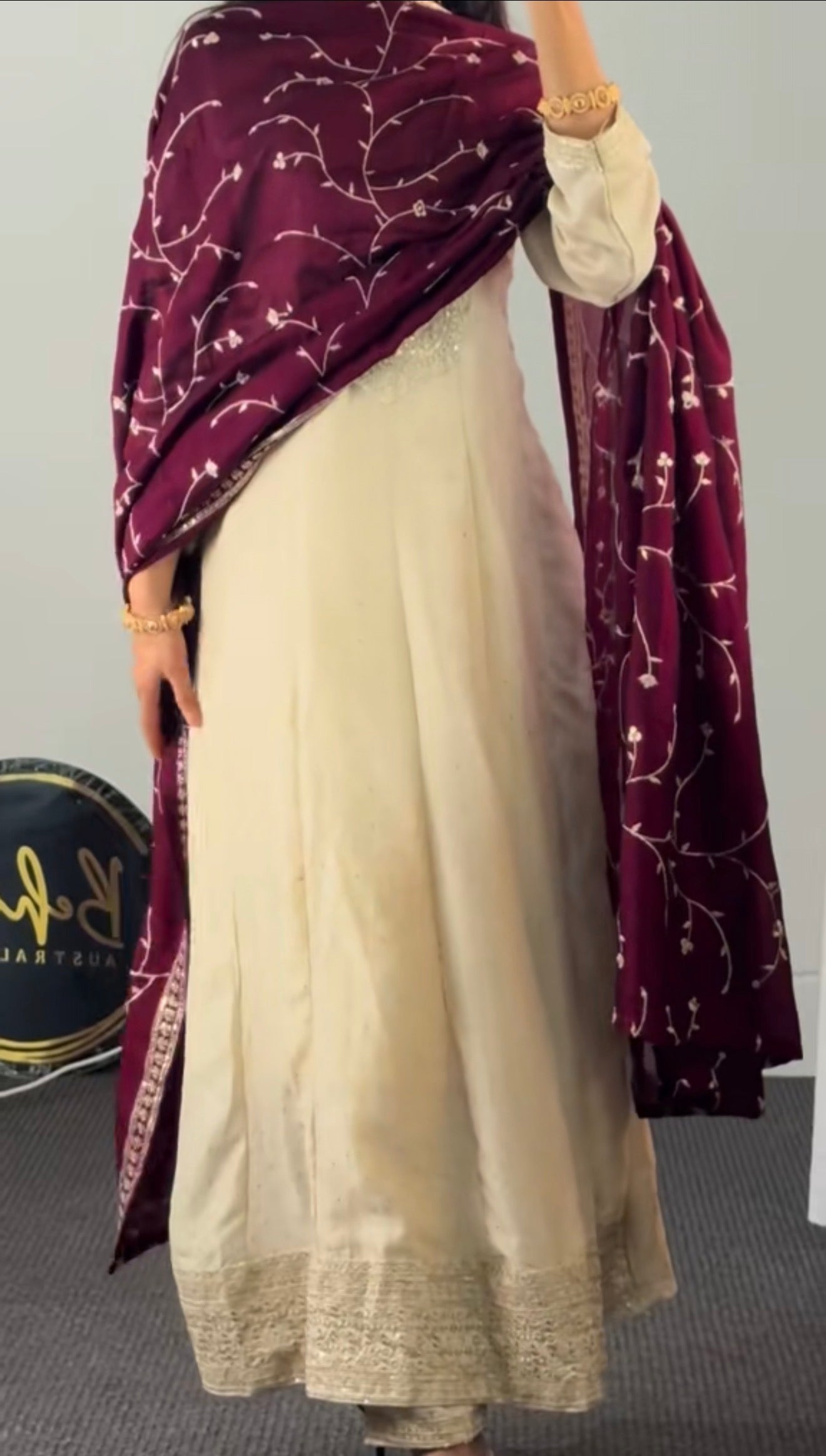 Off white Anarkali set with Maroon Dupatta