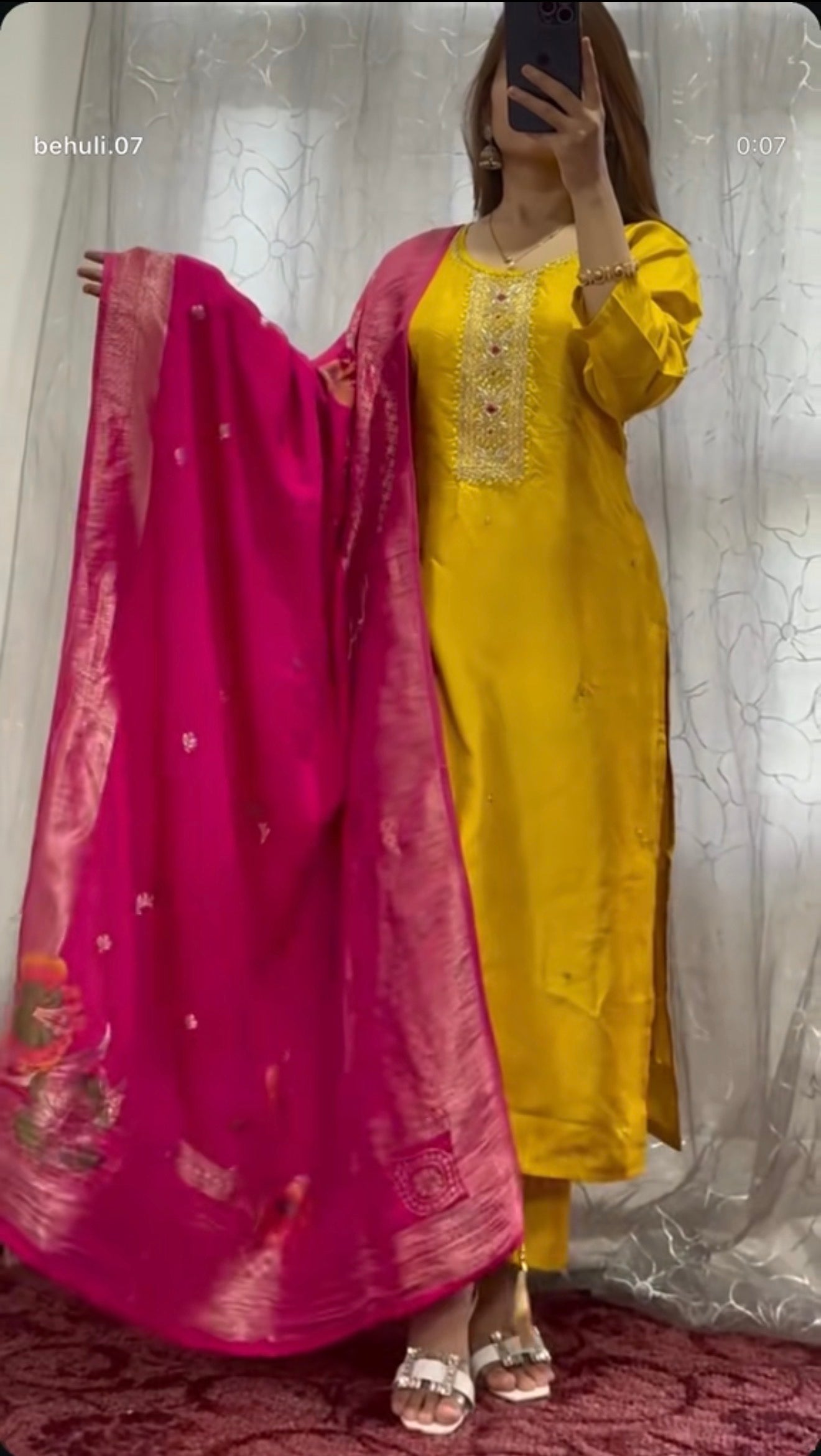 Yellow Dola silk Kurti with rani pink dupatta