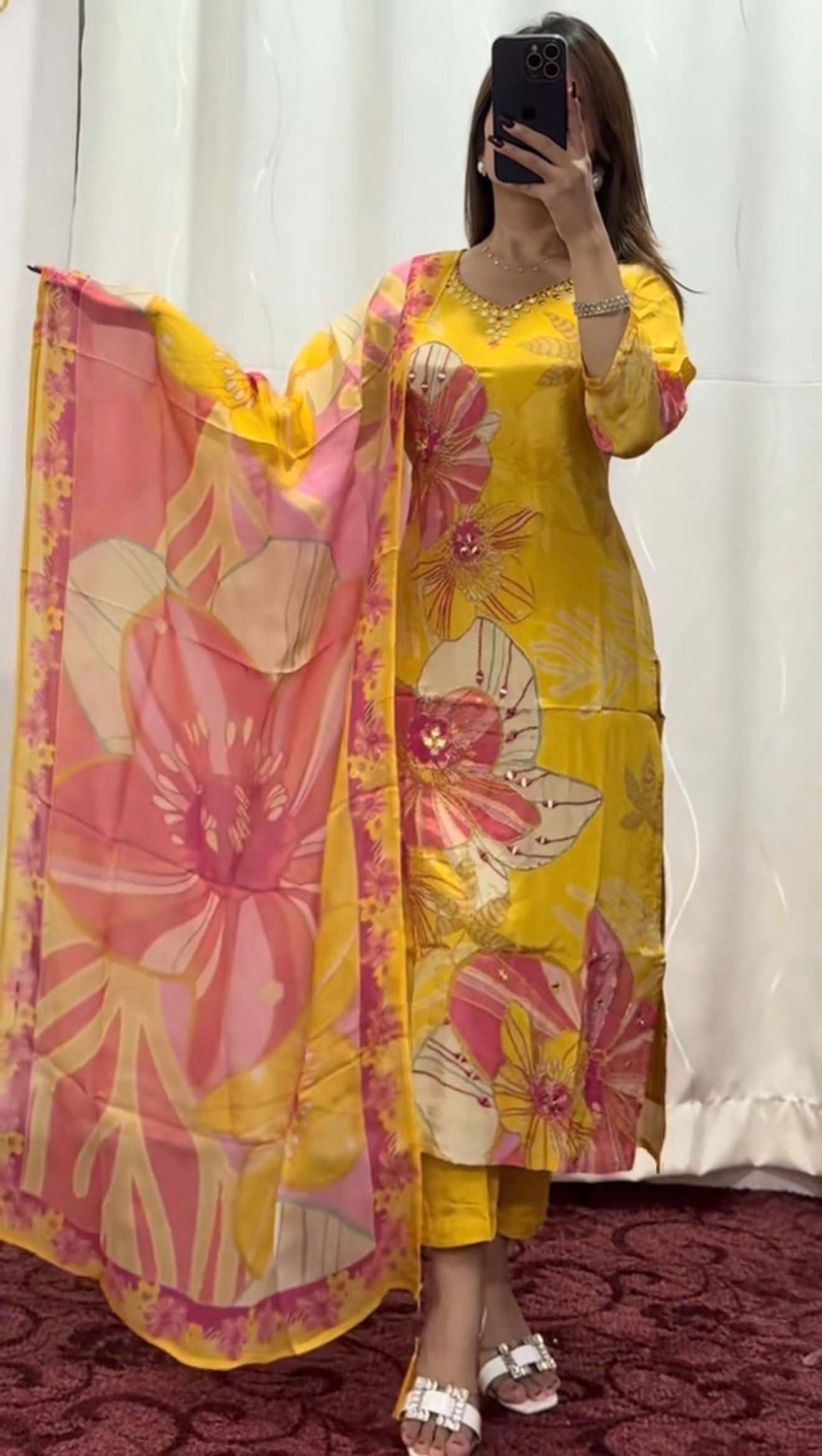Flower printed crape silk Kurti set