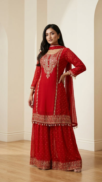 Red Zari Chinon Anarkali